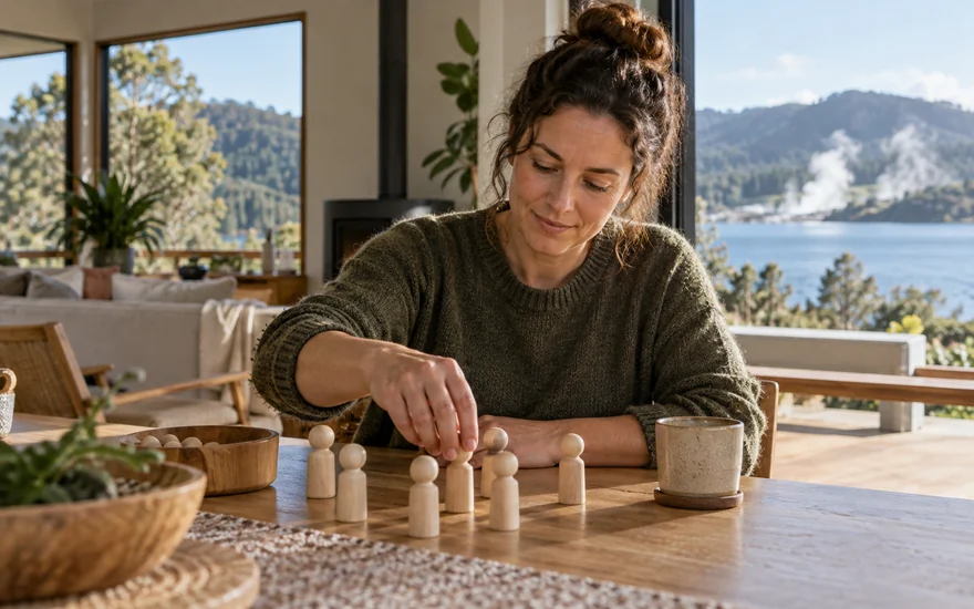 Plinko NZ: an adult arranging plain wooden pegs at a table in a New Zealand home