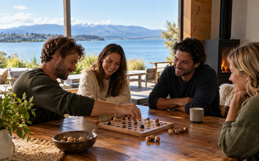 Plinko NZ: adults exploring a wooden peg board together in a New Zealand lakeside house