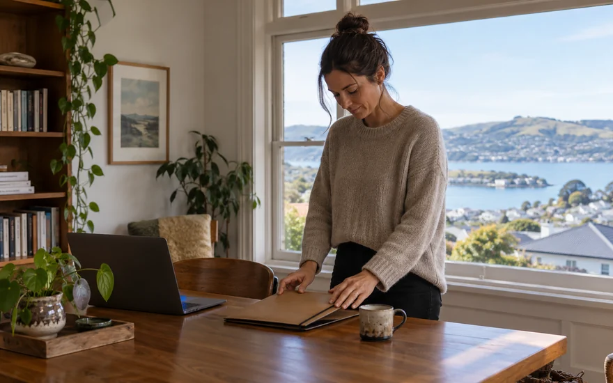 Privacy policy: an adult closing a plain document folder at a home desk overlooking a New Zealand town