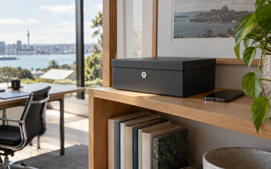 Privacy policy: a locked document box and face-down phone on an Auckland home-office shelf