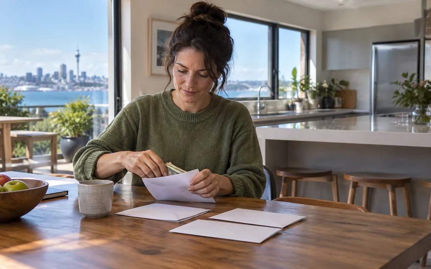 Online casino real money NZ: an adult sorting a household budget with plain envelopes in an Auckland kitchen