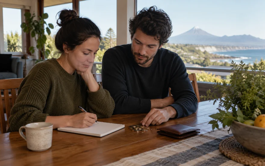 Online casino real money NZ: two adults comparing a notebook with a wallet and envelopes at a New Zealand dining table