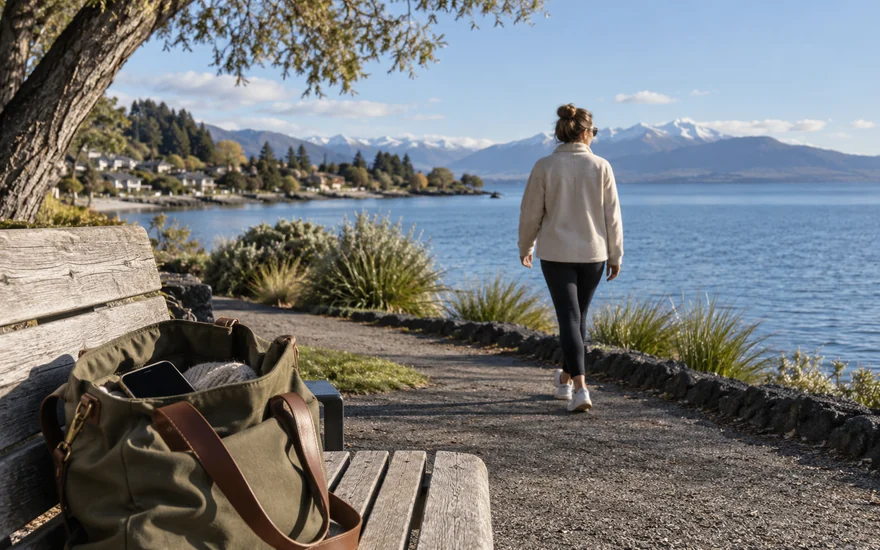 Responsible gambling NZ: an adult walking beside Lake Taupo with a bag away from a screen