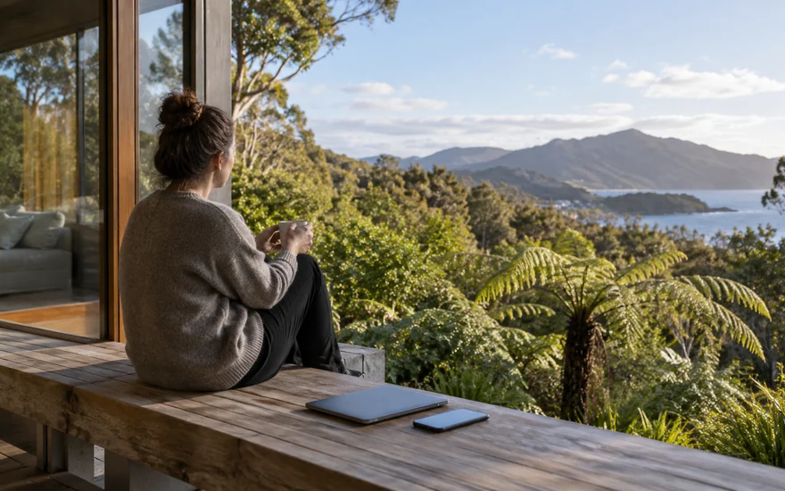 Responsible gambling NZ: an adult taking a quiet break beside a closed laptop above a native New Zealand garden