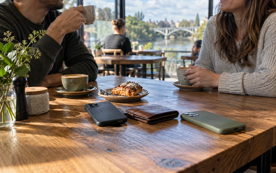 Neteller casino NZ: two phones and a closed wallet on a New Zealand cafe table