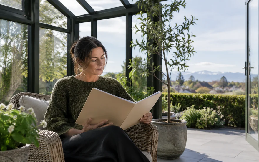 Terms and conditions: an adult reading a plain document folder in a leafy New Zealand conservatory