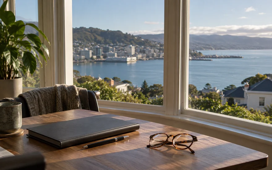 Terms and conditions: reading glasses, a closed binder and pen beside a Wellington bay window