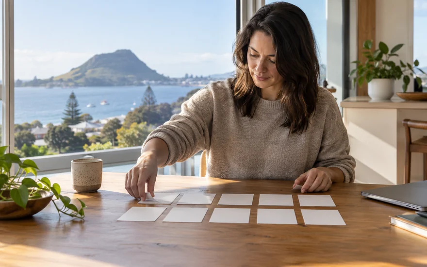 Top 10 online casino NZ: an adult arranging ten blank cards on a dining table in a New Zealand home