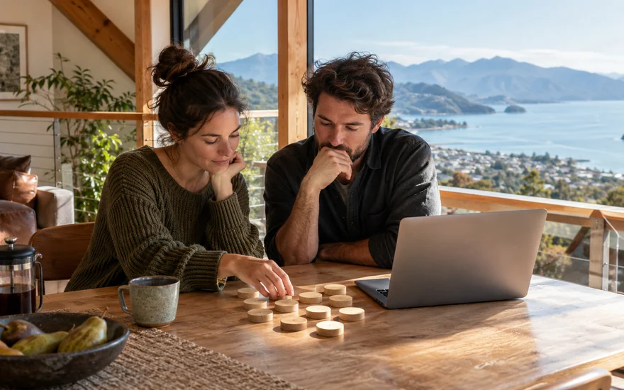 Top 10 online casino NZ: two adults reviewing wooden tokens beside a laptop in a New Zealand lounge